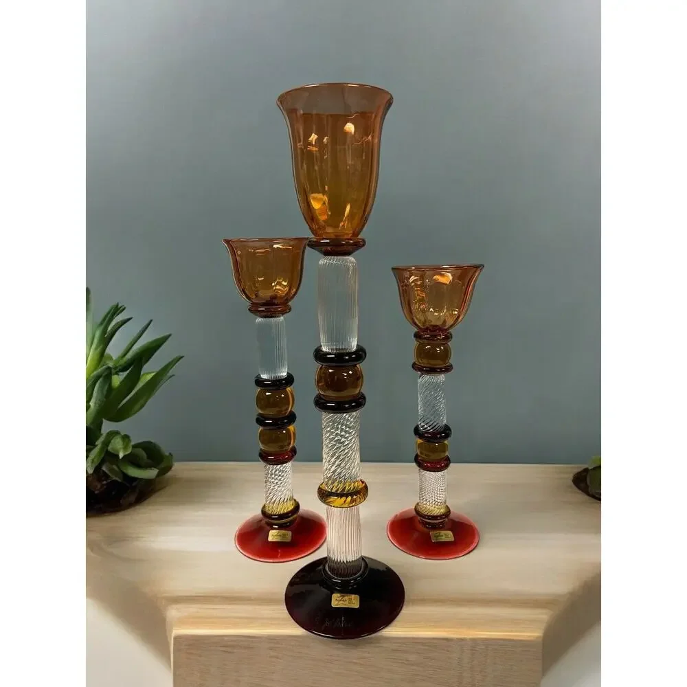 Set Of 3 Signed Czech Glass Z Fusion Art Glass Candlesticks Hand Blown‎ Helix